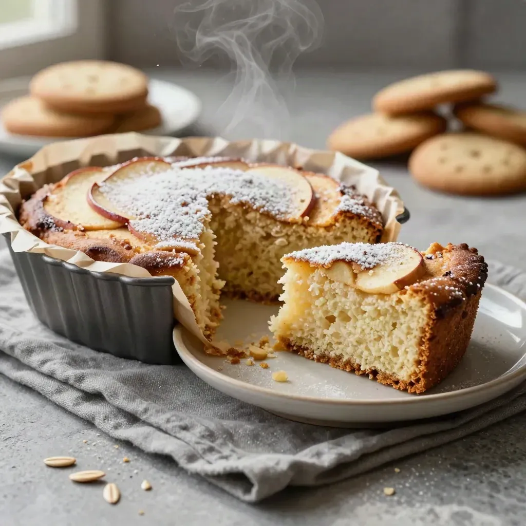 Fetta di torta di mele soffice con biscotti e zucchero a velo su piatto, luce grigia del tardo pomeriggio.