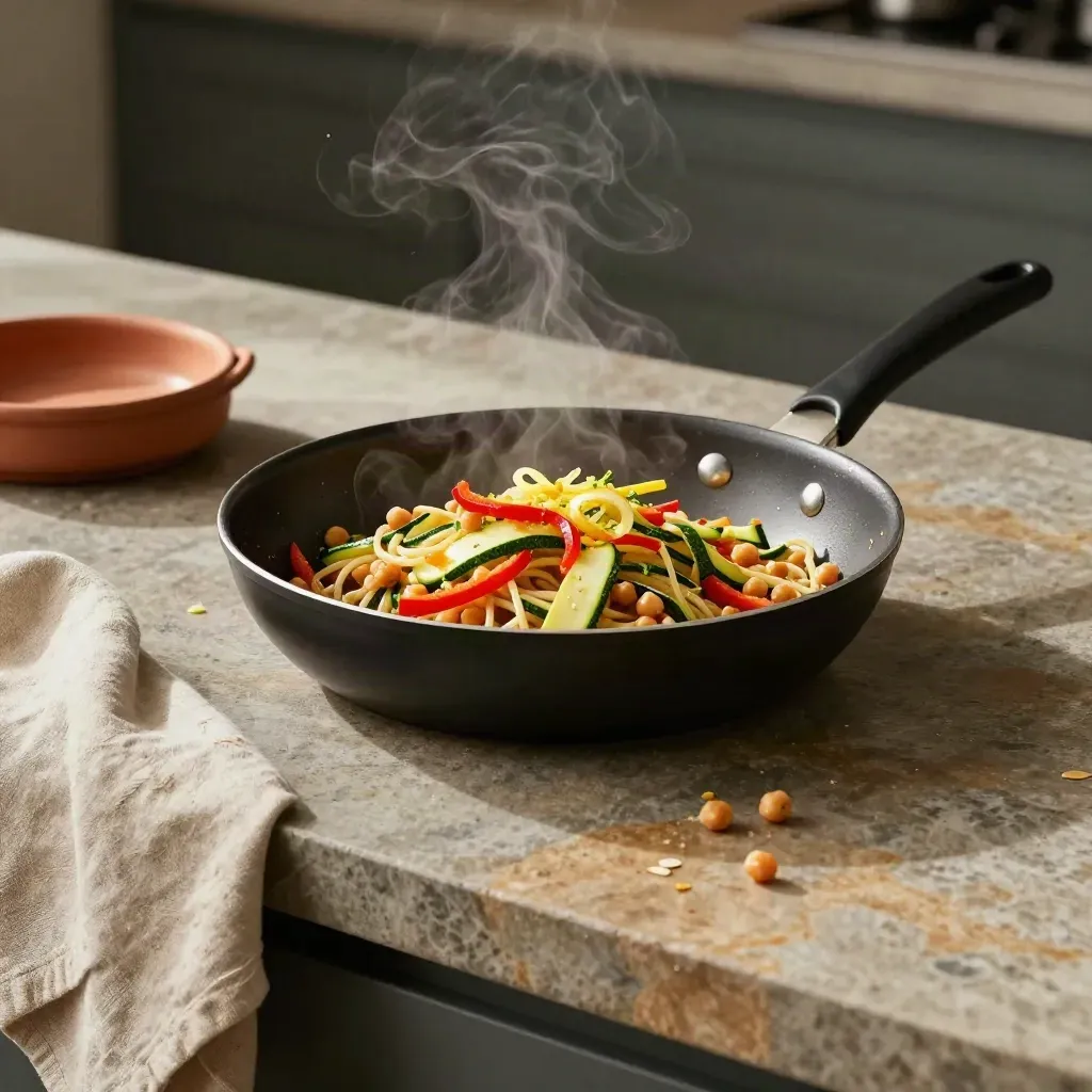 Padella con verdure saltate, ceci, noodles e scorza di limone su piano in pietra.