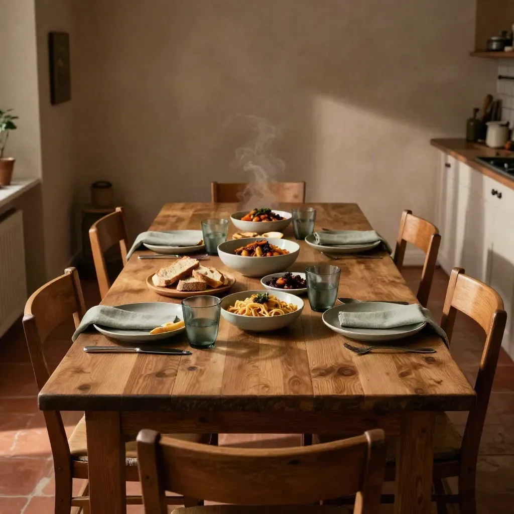 Tavola di famiglia apparecchiata con pasta vegana, verdure arrosto, pane e bicchieri opachi.