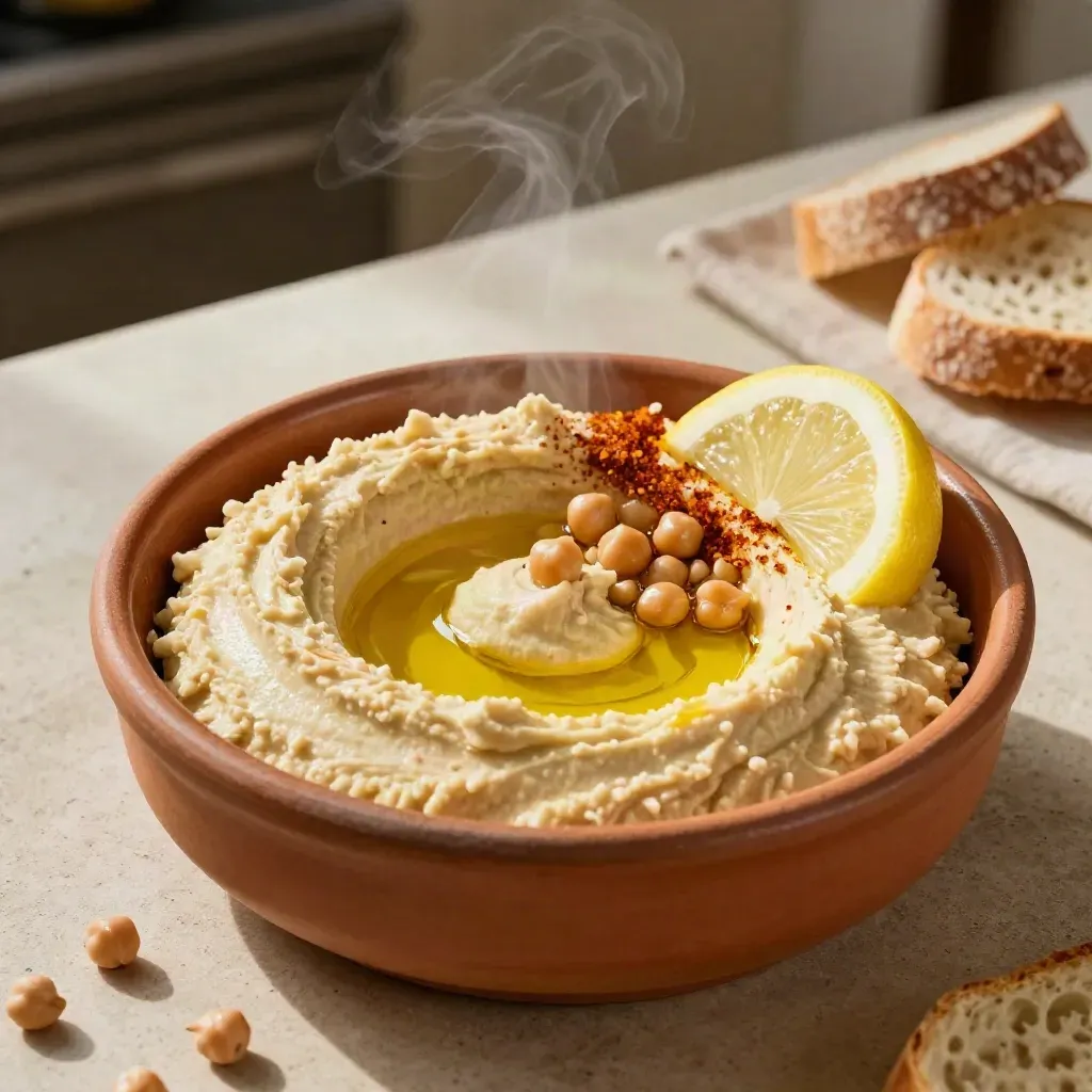 Ciotola di hummus con pane caldo, limone e paprika, vista bassa e ravvicinata.