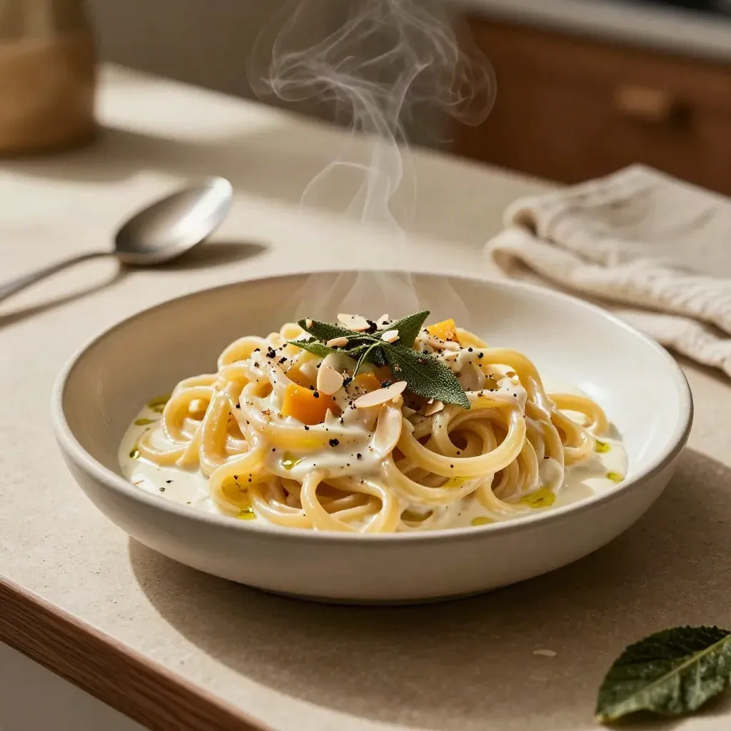 Pasta fumante con zucca e salvia in una ciotola profonda, luce calda e atmosfera autunnale.